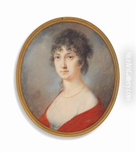 A Young Lady In White Dress And Red Shawl, Wearing A Pearl Necklace, Dark Upswept Hair A Young Lady In White Dress And Red Shawl, Wearing A Pearl Necklace, Dark Upswept Hair
