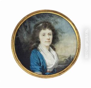 A Young Lady, In Blue Dress With White Fichu, Red Shawl Tied Around Waist, White Bandeau In Her Curling Hair; Landscape Background A Young Lady, In Blue Dress With White Fichu, Red Shawl Tied Around Waist, White Bandeau In Her Curling Hair; Landscape Background