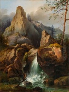 Gebirgslandschaft Mit Wasserfall by Vinzenz Kreuzer