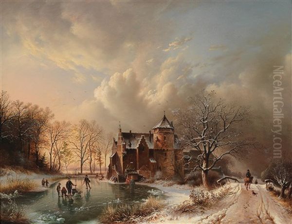 Ice-skaters By A Castle, A Rider With Dog On A Bridge On The Right - view 1