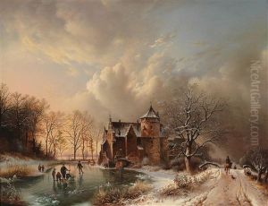 Ice-skaters By A Castle, A Rider With Dog On A Bridge On The Right