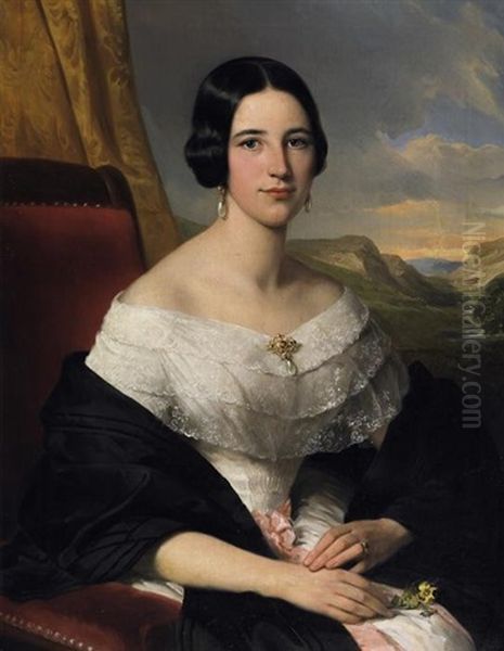 Portrat Der Marie Lentze, Ehefrau Des Koniglich Preusischen Hauptmanns Wilhelm Lentze, Vor Landschaftshintergrund - view 1
