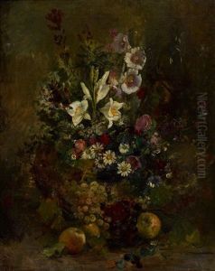 Stillleben Mit Grossem Blumenstrauss, Trauben Und Apfeln