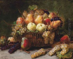 Pears, Apples And Grapes In A Wicker Basket On A Stone Ledge Pears, Apples And Grapes In A Wicker Basket On A Stone Ledge