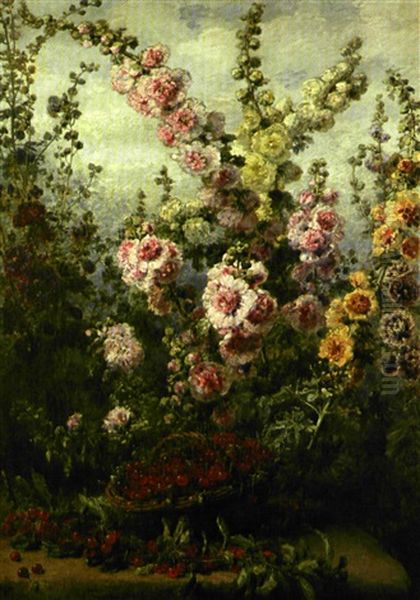 Nature Morte Aux Roses Tremieres Et Panier De Cerises - view 1