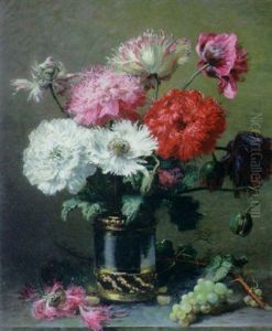 Poppies In A Metal Vase With A Bunch Of Grapes On A Table by Alexis Kreyder