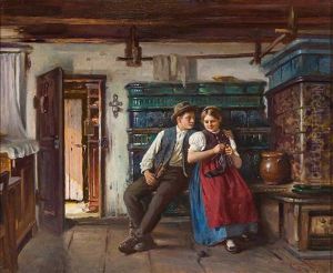 Junges Paar In Tracht In Der Stube Am Kachelofen Sitzend by Carl Kricheldorf