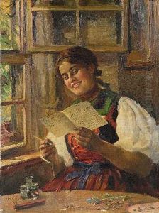 Der Liebesbrief: Lesendes Dirndl Am Fenster by Carl Kricheldorf