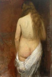 Stehender Weiblicher Ruckenakt Mit Weisem Tuch Vor Rotbraunem Hintergrund by Carl Kricheldorf