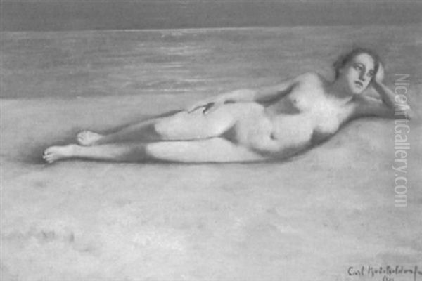 Ausgestreckt Liegender Weiblicher Akt An Einem Sandstrand - view 1