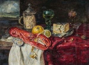 Stillleben Mit Hummer, Elfenbein-silberhumpen, Gorgonzola, Obst Und Austern by Hermann Gottlieb Kricheldorf