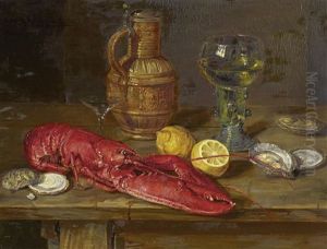 Stillleben Mit Austern, Zitrone Und Hummer by Hermann Gottlieb Kricheldorf