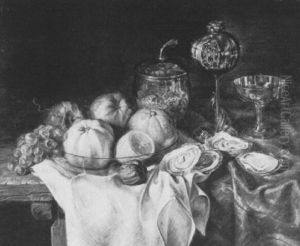 Variastilleben Mit Obst, Austern, Walnus Und Verzierten Glasgefasen by Hermann Gottlieb Kricheldorf