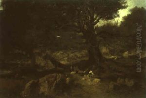 Hirte Mit Seiner Schafherde Unter Einer Eiche by Josef Krieger
