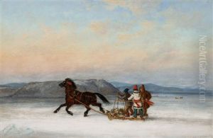 Three Habitants Sledding On The St. Lawrence At Quebec by Cornelius David Krieghoff