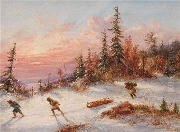 Indian Hunters Crossing A Winter Clearing At Sunset - view 1
