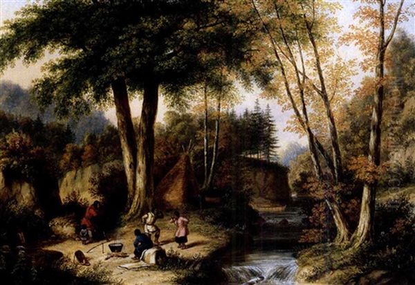 Indian Encampment By A River, Autumn - view 1