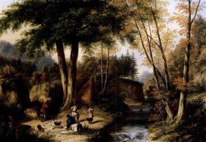 Indian Encampment By A River, Autumn
