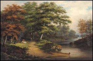 Indian Family Around A Campfire With Birchbark Tepee And Canoe