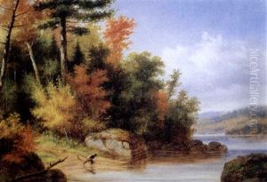 Indian Launching His Canoe, Lake Memphramagog, Autumn by Cornelius David Krieghoff
