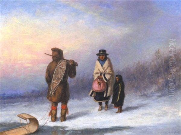Indian Hunter With Toboggan Greeting A Native Woman And Child In A Winter Landscape, Quebec - view 1