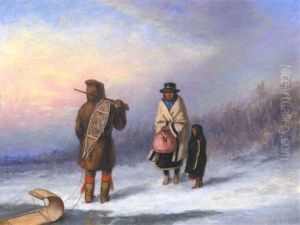 Indian Hunter With Toboggan Greeting A Native Woman And Child In A Winter Landscape, Quebec by Cornelius David Krieghoff