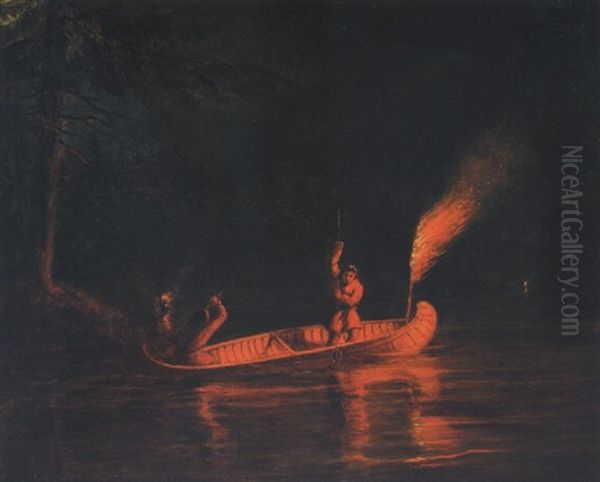 Spearing Salmon By Torchlight - view 1