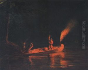 Spearing Salmon By Torchlight by Cornelius David Krieghoff