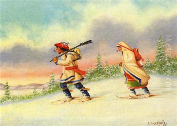 Indian Family Crossing Snowy Field - view 1