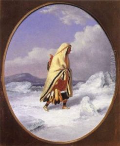 Moccasin Seller With Papoose Crossing The Ice by Cornelius David Krieghoff