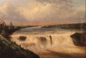 Falls Of The Chaudiere River, Train In The Distance by Cornelius David Krieghoff