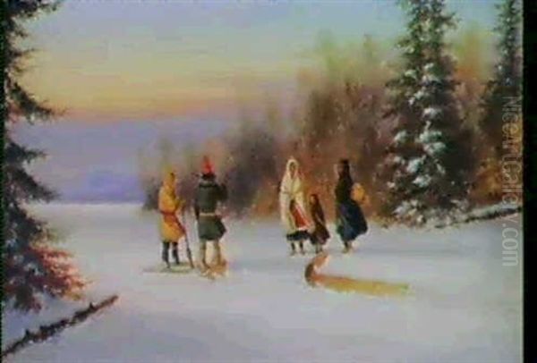 Two Indian Hunters Pulling A Sleigh & Five       Indians In A Winter Landscape - view 1