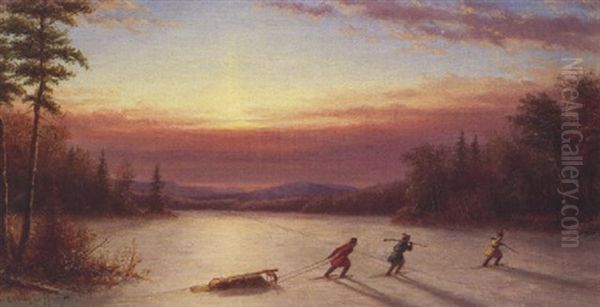 Indians Crossing Frozen Lake At Sunset - view 1