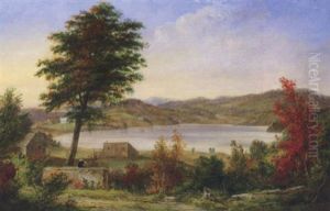 Lake Beauport, Quebec, Depicting The Artist Sketching From Picnic Rock