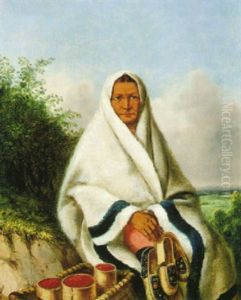 An Indian Squaw Seated On A Bank With A Panier Of Berries And Holding Mocassins