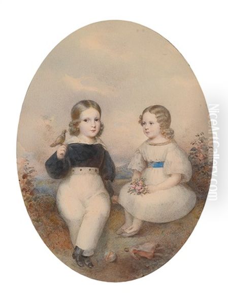 Geschwisterpaar Mit Singvogel Und Spielzeug, In Einer Landschaft Sitzend - view 1