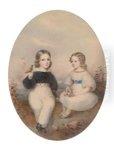 Geschwisterpaar Mit Singvogel Und Spielzeug, In Einer Landschaft Sitzend Geschwisterpaar Mit Singvogel Und Spielzeug, In Einer Landschaft Sitzend