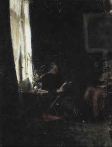 Interior Med Ung Laesende Pige Ved Vinduet by Marie Kriyer