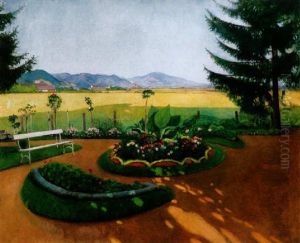 Arnyas Park, Hatterben A Napsutotte Nagybanyaval (shadowy Park With The Sunlit View Of Nagybanya) by Janos Krizsan