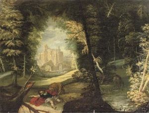 A Wooded Landscape With A Man Being Attacked By A Lion