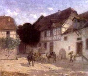 A Village Courtyard Scene With Horse And Wagon by Heinrich Reinhard Kroeh