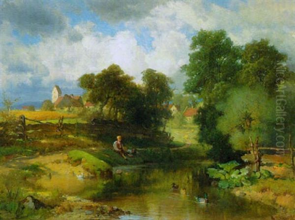 Angelnder Knabe Am Bachufer - view 1