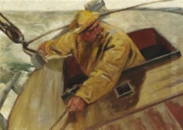 A Fisherman In Yellow Rainwear In His Boat - view 1