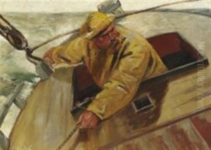 A Fisherman In Yellow Rainwear In His Boat by Christian Krohg