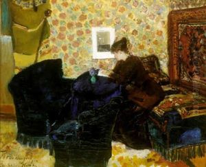 Interior Fra Brondums Hotel I Skagen Med Kunstnerens Hustru Malerinden Oda Engelhart Laesende I En Bog by Christian Krohg