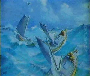 Marine Med Fiskerbade, Frisk Vejr by Christian Krohg