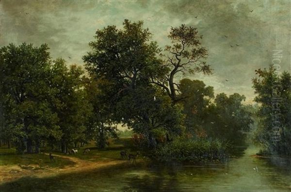 Parklandschaft Mit Einem Rudel Rotwild Am Wasser - view 1
