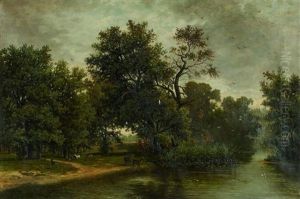 Parklandschaft Mit Einem Rudel Rotwild Am Wasser