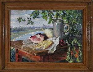 Brotzeit Mit Maskrug, Schinken, Kase, Radieschen Und Rettich Auf Einem Tisch Mit Blick Auf Das Isartal Vor Munchen by Paul Peter (Max) Krombach