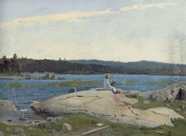 Kleiner Junge Der Bourgeoisie Mit Seinem Hund Auf Einem Felsen Im Stockholmer Scharengarten Sitzend - view 1